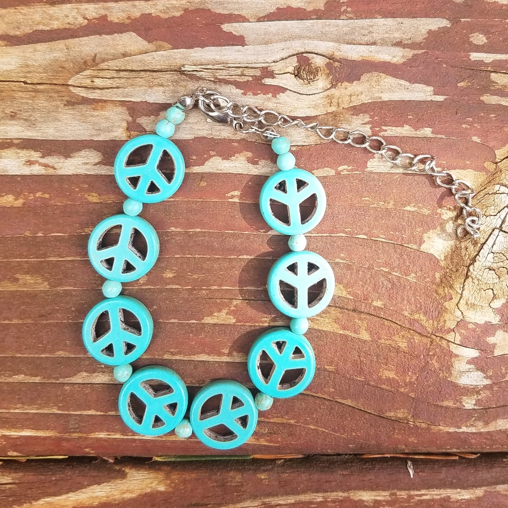 Peace Sign Necklace & Bracelet Set - Turquoise - Picture 3 of 7